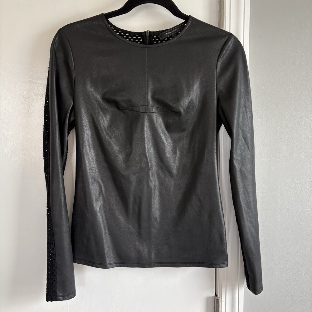 BCBGMaxazria Size XS Callan Black Faux Leather/Net Mesh Back Long Sleeve Shirt